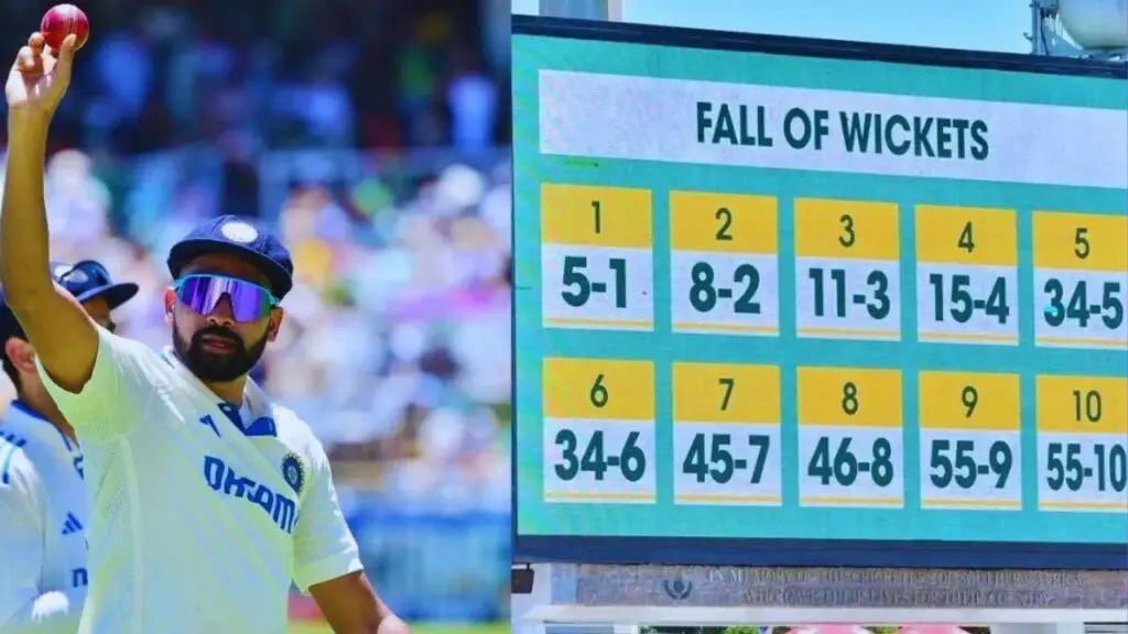 Image of the scoreboard showing South Africa's total of 55 in the 2nd Test against India